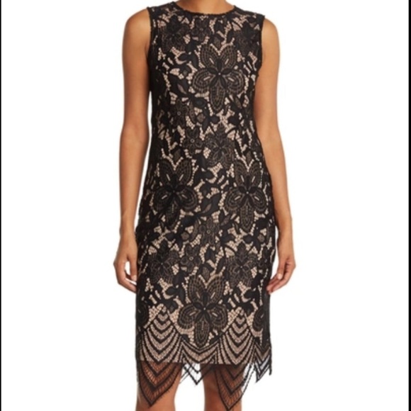 Sharagano Scallop Hem Lace Cocktail Midi Dress in Black Nude size 6 - Picture 3 of 8